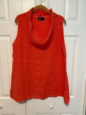 Fenini Beautiful Coral Sleeveless Cowl Neck 100% Linen Top